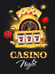 Golden Casino Night flyer illustration with slot machine, roulette wheel, poker chips, dices and playing cards. Luxury signboard, poster with realistic casino elements. Vector illustration. 