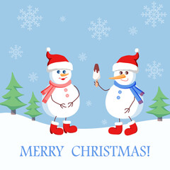 Snowman gives ice cream to his girlfriend in a snowy forest. Greeting card with text box.