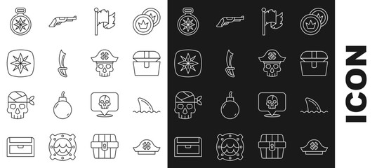Set line Pirate hat, Shark fin in ocean wave, Antique treasure chest, flag, sword, Wind rose, Compass and captain icon. Vector