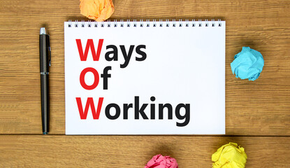 WOW ways of working symbol. Concept words WOW ways of working on white note on a beautiful wooden background. Metallic pen. Business and WOW ways of working concept. Copy space.