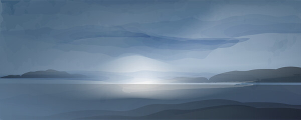 Night seascape. Lofoten. Panorama, sea view. Picturesque abstract landscape. Minimal vector background, suitable for banners, booklets, web, brochures, flyers.