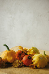 Atmospheric autumn still life. Colorful autumn flowers, pumpkins, pattypan squashes on wooden table against rustic background. Seasons greeting card, space for text. Happy Thanksgiving!