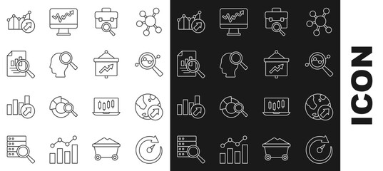 Set line Digital speed meter, Financial growth, Search data analysis, Work search, people, Document with graph chart, and Board icon. Vector