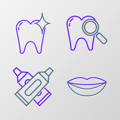 Set line Smiling lips, Crossed tube of toothpaste, Dental search and Tooth whitening concept icon. Vector