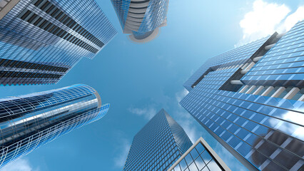 Bottom view of modern skyscrapers against blue sky. 3d illustration