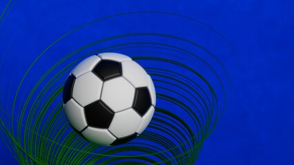 Naklejka premium Black-white soccer ball with green spiral laser beam particles under black-blue lighting background. 3D illustration. 3D high quality rendering. 3D CG.