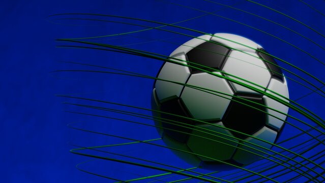Black-white soccer ball with green  spiral laser beam particles under black-blue lighting background. 3D illustration. 3D high quality rendering. 3D CG.