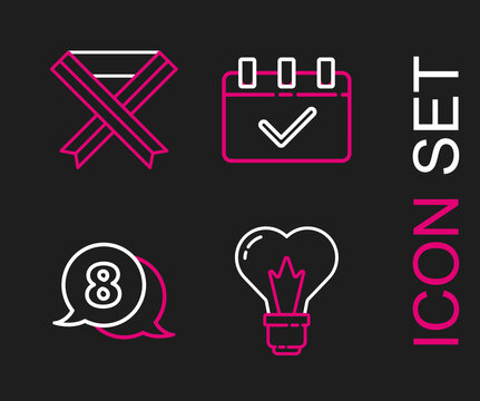 Set line Heart shape in a light bulb, 8 March speech bubble, Calendar with and Breast cancer awareness ribbon icon. Vector - Powered by Adobe