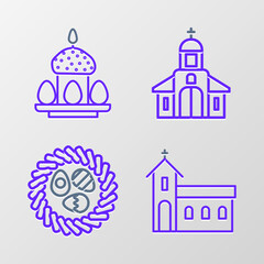 Set line Church building, Easter egg a wicker nest, and cake and eggs icon. Vector