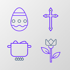Set line Flower tulip, Egg in hot pot, Christian cross and Easter egg icon. Vector