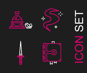 Set line Ancient magic book, Dagger, Magic fog or smoke and Witch cauldron and stone icon. Vector