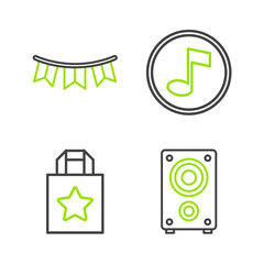Set line Stereo speaker, Paper shopping bag, Music note, tone and Carnival garland with flags icon. Vector