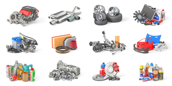 Set of auto parts isolation on a white background. 3d illustration