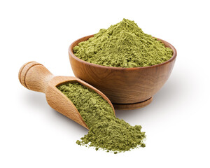 Wooden scoop and bowl full of matcha powder isolated on white - 524949197