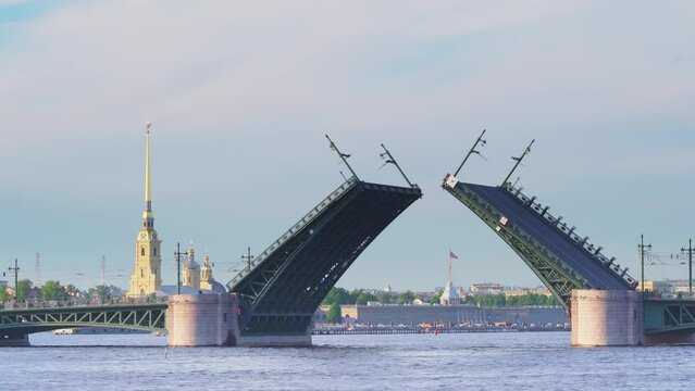 4k, View of the divorced Palace Bridge and University Embankment, Saint-Petersburg, Russia