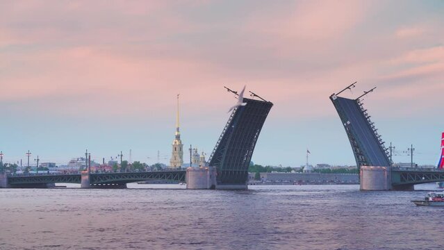 4k, View of the divorced Palace Bridge and University Embankment, Saint-Petersburg, Russia