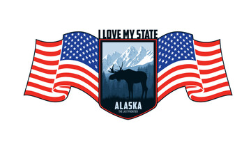 Alaska vector label with moose bull and mountains woodland forest and flag of the United States