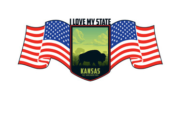 Kansas vector label with buffalo bison on the grassland prairie and flag of the United States