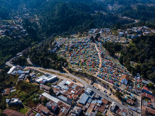 Fototapeta na wymiar Beautiful aerial view of the Chichicastenango Cemetery, near the market and church in Guatemala