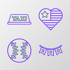 Set line Carnival garland with flags, Baseball ball, USA Independence day and Taxi car roof icon. Vector