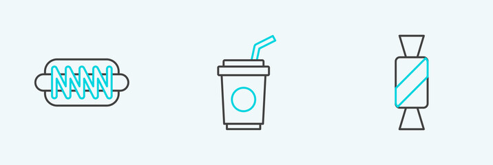 Set line Candy, Hotdog sandwich and Paper glass with straw icon. Vector