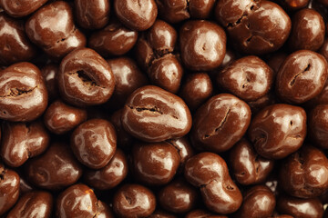 Puffed wheat Chocolate (also called Mugi Choco or Mugi Chocolate). Puffed wheat covered in glossy milk chocolate. Top view.