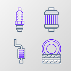 Set line Car tire wheel, muffler, air filter and spark plug icon. Vector