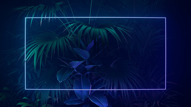 Green and Purple Neon Light with Tropical Leaves. Rectangle shaped Fluorescent Frame in Rainforest Environment.