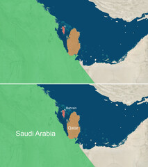 The map of Qatar, Bahrain, and Saudi Arabia with text, textless