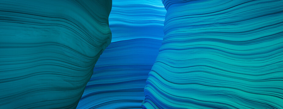 Abstract 3D Render with Organic, Wavy Forms. Trendy Blue and Turquoise Wallpaper.