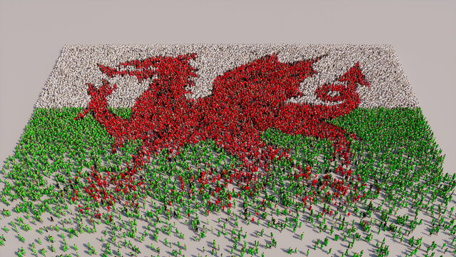 Aerial view of a Crowd of People, coming together to form the Flag of Wales. Welsh Banner on White Background.