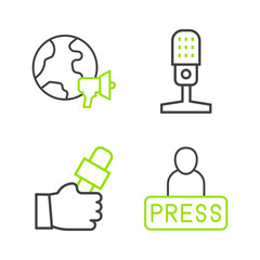 Set line Journalist news, Microphone and World icon. Vector