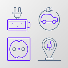 Set line Charging parking electric car, Electrical outlet, and Battery charge icon. Vector