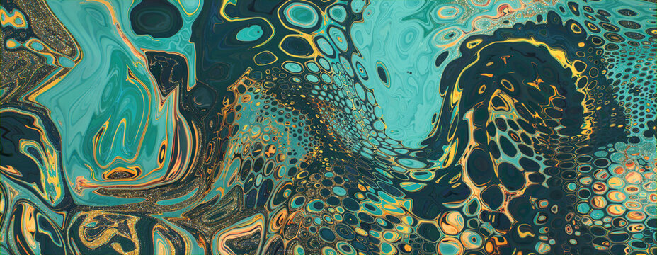 Paint Swirls in Beautiful Turquoise and Yellow colors, with Gold Powder. Modern Acrylic Pour Banner.