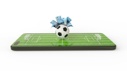 3d rendering of Mobile phone Soccer betting. Football and Sao Tome and Principe dobra notes on phone screen. Soccer field on smartphone screen isolated on white background. bet and win concept
