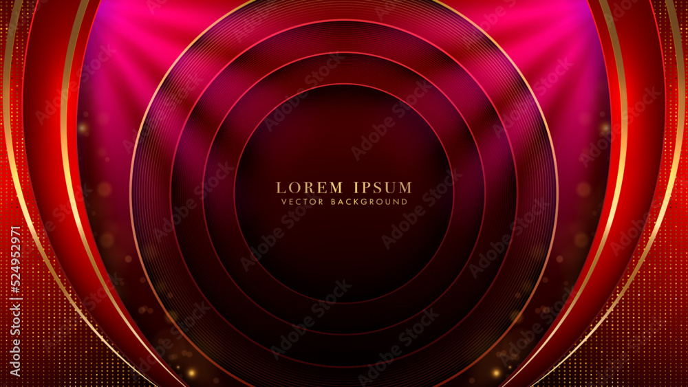 Wall mural luxury golden lines curve with circle ring glowing, shine dots effect and bokeh decoration on red ba