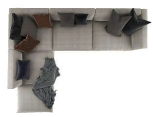 Top view modern gray L shape sofa and pillows transparent. Png. 3D rendering