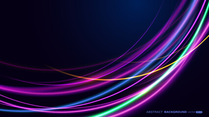Abstract colorful neon light curve beam effect on dark blue background. Futuristic light effect concept