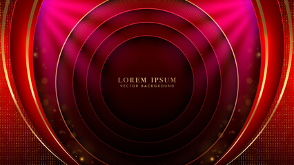 Luxury golden lines curve with circle ring glowing, shine dots effect and bokeh decoration on red background. Elegant style design template concept