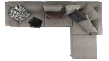 Top view khaki big L shape sofa and pillows transparent.  Png. 3D rendering