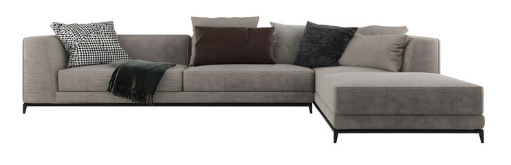 Fototapeta na wymiar Khaki big L shape sofa and pillows transparent. Png. 3D rendering