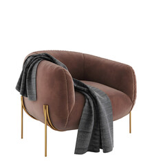 Red gold rounded single armchair and blanket transparent. Png. 3D rendering