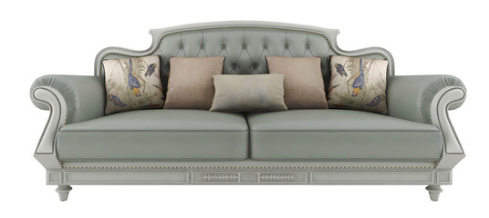 Classic big grey sofa and pillows, transparent. Png. 3D rendering
