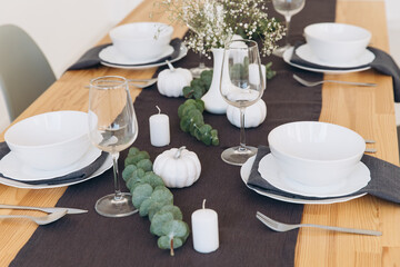 Thanksgiving table setting, tableware and decor, decoration, family holiday. Autumn mockup.