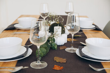 Thanksgiving table setting, tableware and decor, decoration, family holiday. Autumn mockup.