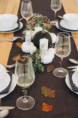 Thanksgiving table setting, tableware and decor, decoration, family holiday. Autumn mockup.
