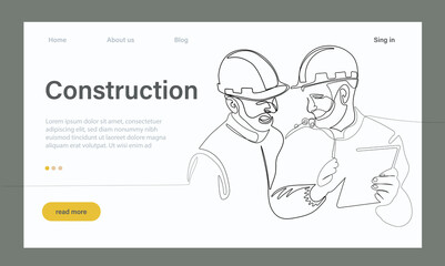 Vector landing page of architecture works with protective face masks for safety in machine industrial factory. Continuous one line drawing for your minimal design