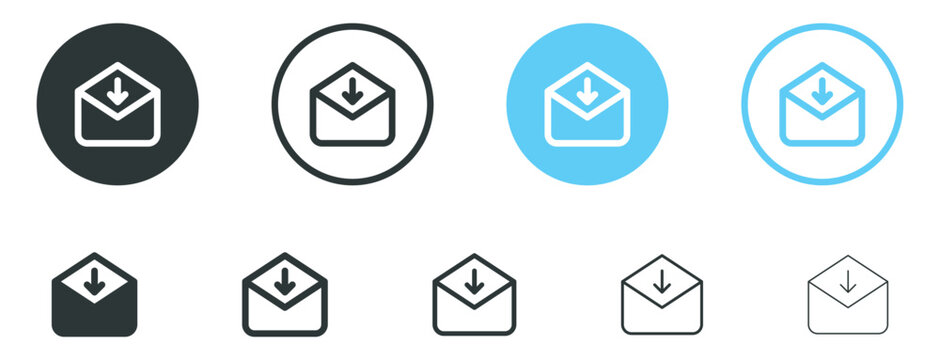 email inbox icon, save message icon sign symbol, mail envelope with arrow down icons button