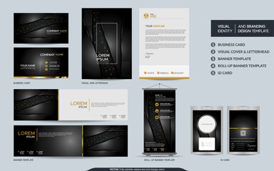Elegant Black stationery mock up set and visual brand identity with abstract overlap layers background . Vector illustration mock up for branding, cover, card, product, event, banner, website.