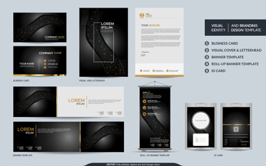 Elegant Black stationery mock up set and visual brand identity with abstract overlap layers background . Vector illustration mock up for branding, cover, card, product, event, banner, website.